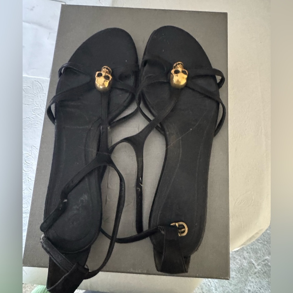 Alexander McQueen Black Sandals with Gold Skull